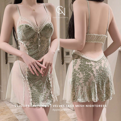 Velours Tentation | Velvet Lace Mesh Nightdress & Robe Set