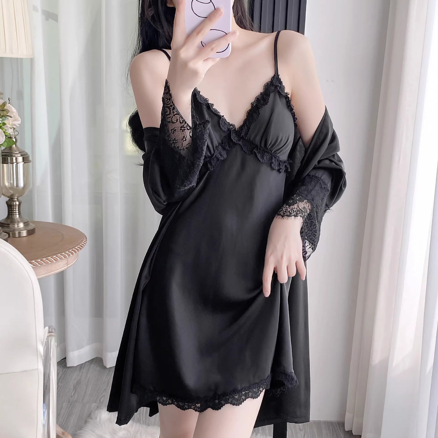 Serène Nuit | Ice Silk Slip Dress & Robe Set